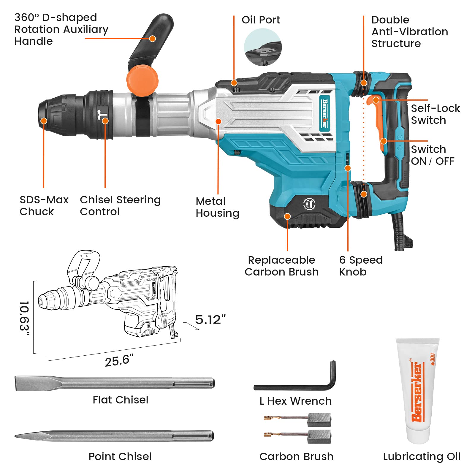 Berserker 1700W 25-Pound SDS-Max Demolition Jack Hammer, 1-9/16" 14-Amp Corded Electric Heavy Duty Demo Chipping Hammer Concrete/Pavement Breaker with Carrying Case Flat Chisel Bull Point Chisel