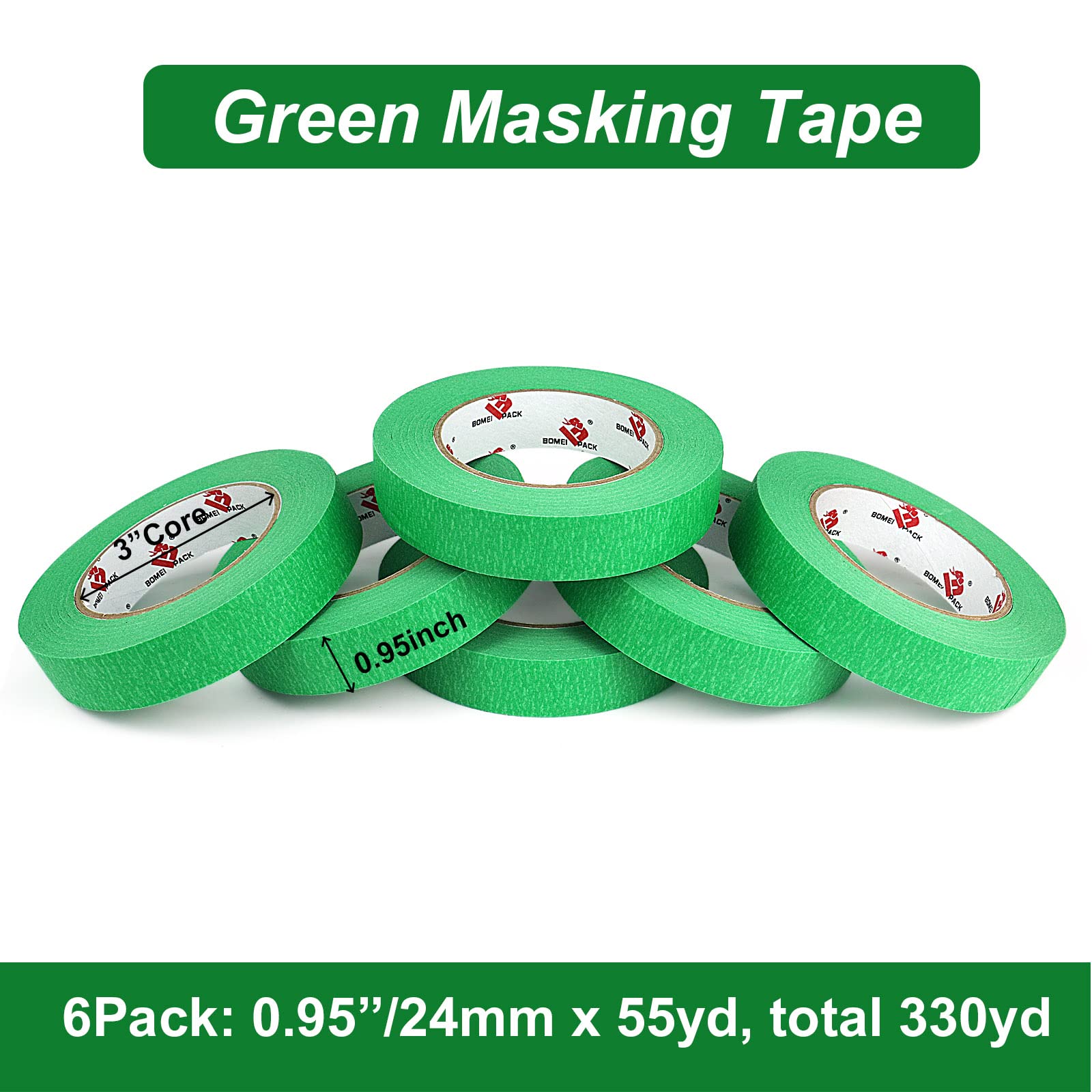 BOMEI PACK Painters Tape, Car Paint Green No Residue Automotive Masking Tape, Clean Removal Green Masking Tape, UV Resistant, 0.94 Inches x 55 Yards, 6 Rolls