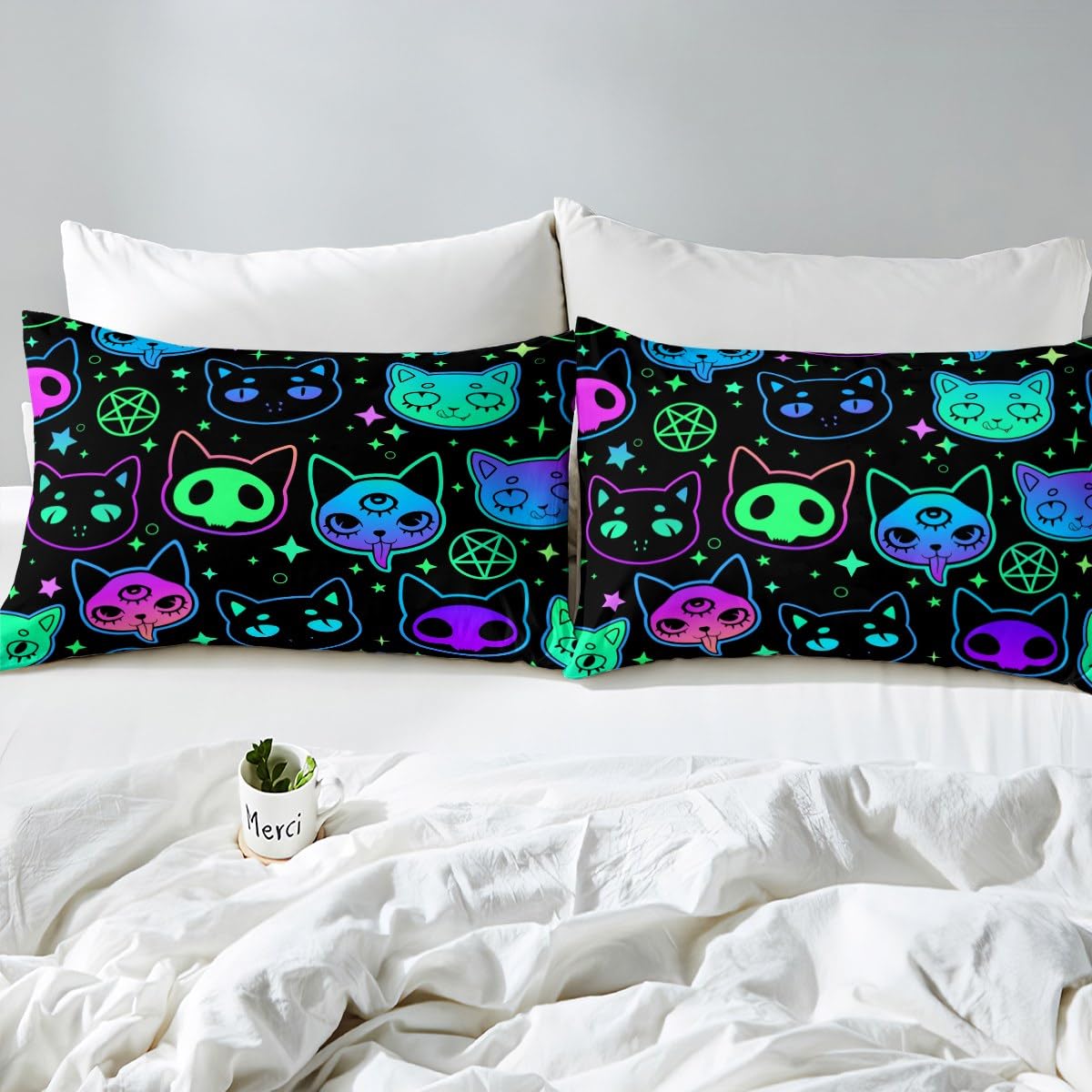 Erosebridal Halloween Theme Sheet Set Cute Neon Cat Full Sheets for Girls Boys Gradient Cat Skeleton Bed Sheets Psychedelic Galaxy Stars Fitted Sheet Kawaii Kitten Home Decor,Black