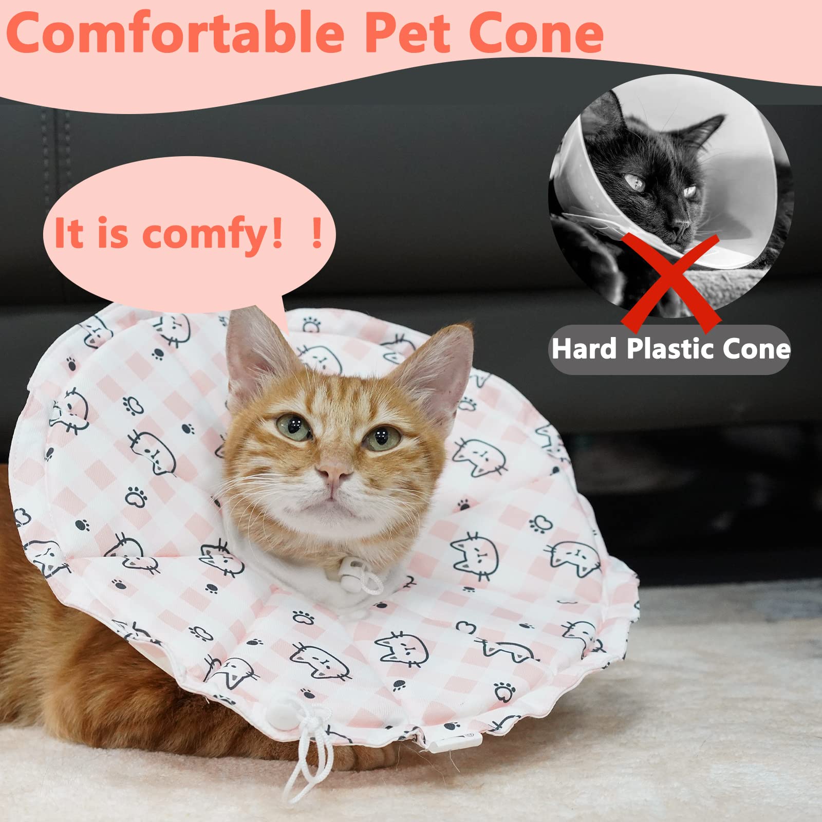 Crazy Felix Cat Cone, Soft Cat Cone Collar to Stop Licking and Scratching, Adjustable Recovery Cone for Cats After Surgery with Drawstring Design, Easy to Eat and Drink