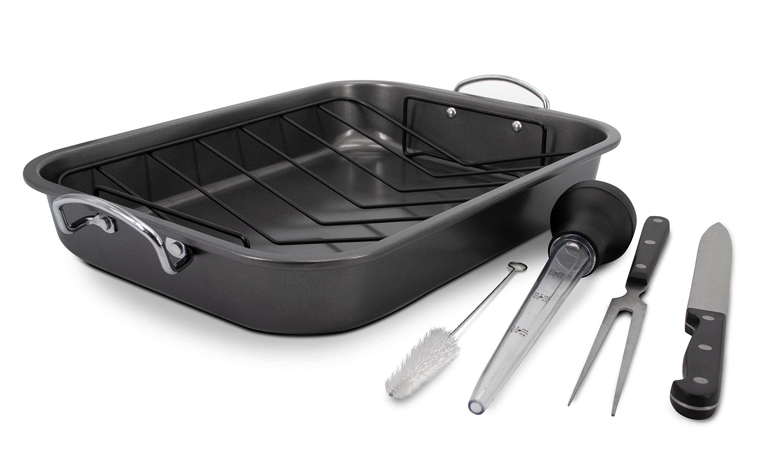 Eternal Living 6 Piece Rectangular Turkey Roaster Pan with Rack Carving Knife Fork Baster and Brush, Roasting Pan 15 Inch Black