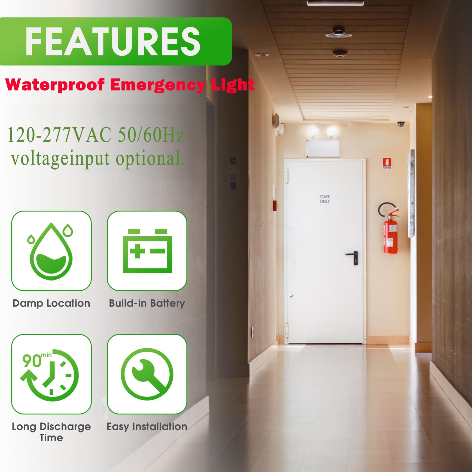 Garrini Waterproof LED Emergency Light, White housing, Dual Rotational LED Emergency Light with Backup Battery, Commercial Grade, Fire Resistant，Suitable for Wall Mount, Wet Location WMU