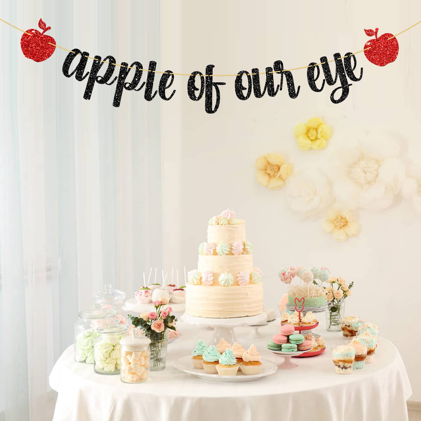 WeBenison Apple of Our Eye Banner/Fruit Apple Theme 1st Birthday Banner/Baby Shower/Wedding/Boys Girls Birthday Party Decoration Supplies Black Glitter