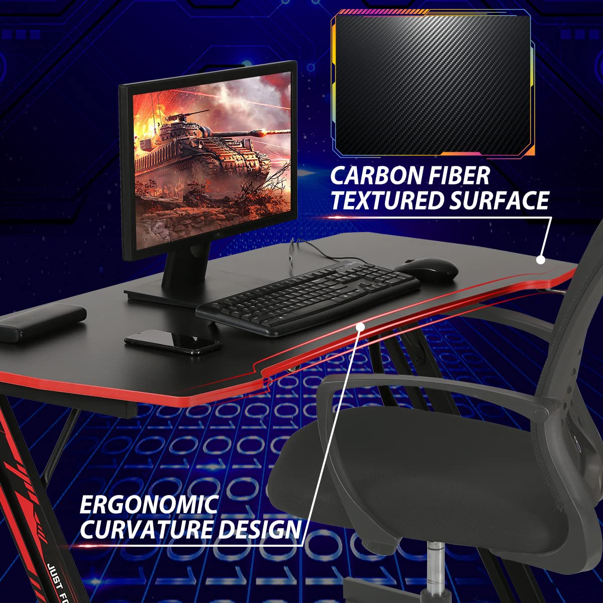 Pazidom Gaming Desk 47 Inch Z-Shaped Gaming Computer Desk Modern Ergonomic PC Computer Table Home Office Desk Racing Style Gaming Workstation with Headphone Hook, Red