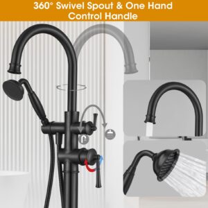 Freestanding Tub Faucet, Floor Mount Tub Faucet Matte Black High Flow Tub Filler, Roman Tub Faucet with Antique Handheld, Swivel Gooseneck Spout Shower Mixer Taps (B2311-BK)