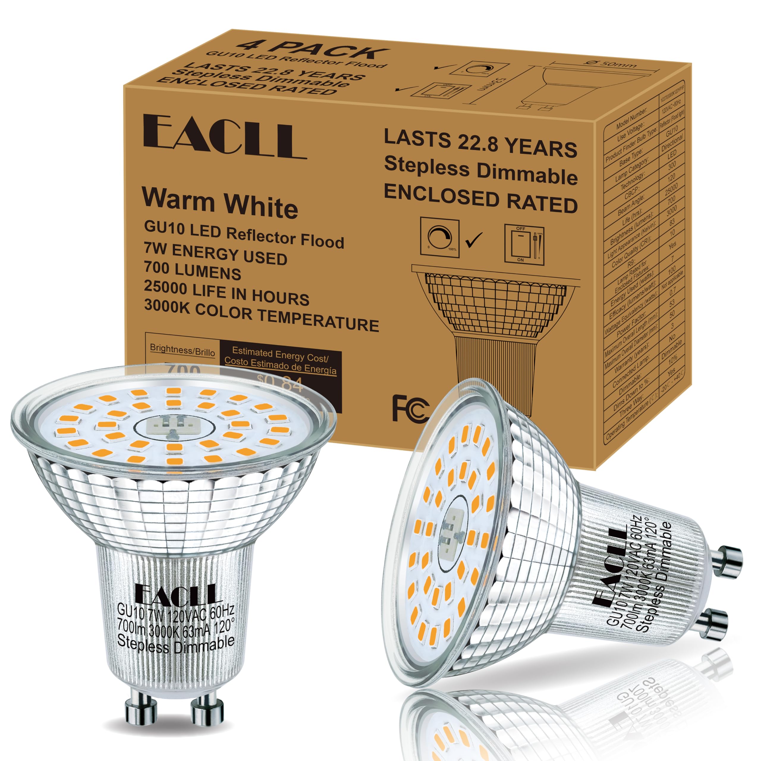 EACLL MR16 GU10 LED Bulb Dimmable, 3000K Warm White, 7W Equivalent 75W, 25,000 Hours Lifetime, Energy Efficient Soft White Light, 750 Lumens 120 Degree Flood Beam No Flicker Spotlight, 4-Pack