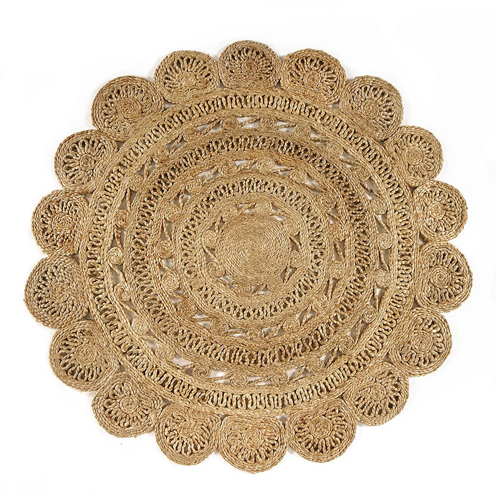 GRUHUM Handwoven 4ft Jute Area Rug-Natural Fiber Round Handmade Boho Farmhouse Rustic Vintage Soft Braided Reversible Rug-Indoor EcoFriendly Kitchen Bedroom Living Room Hallways Enterways 4'feet Round