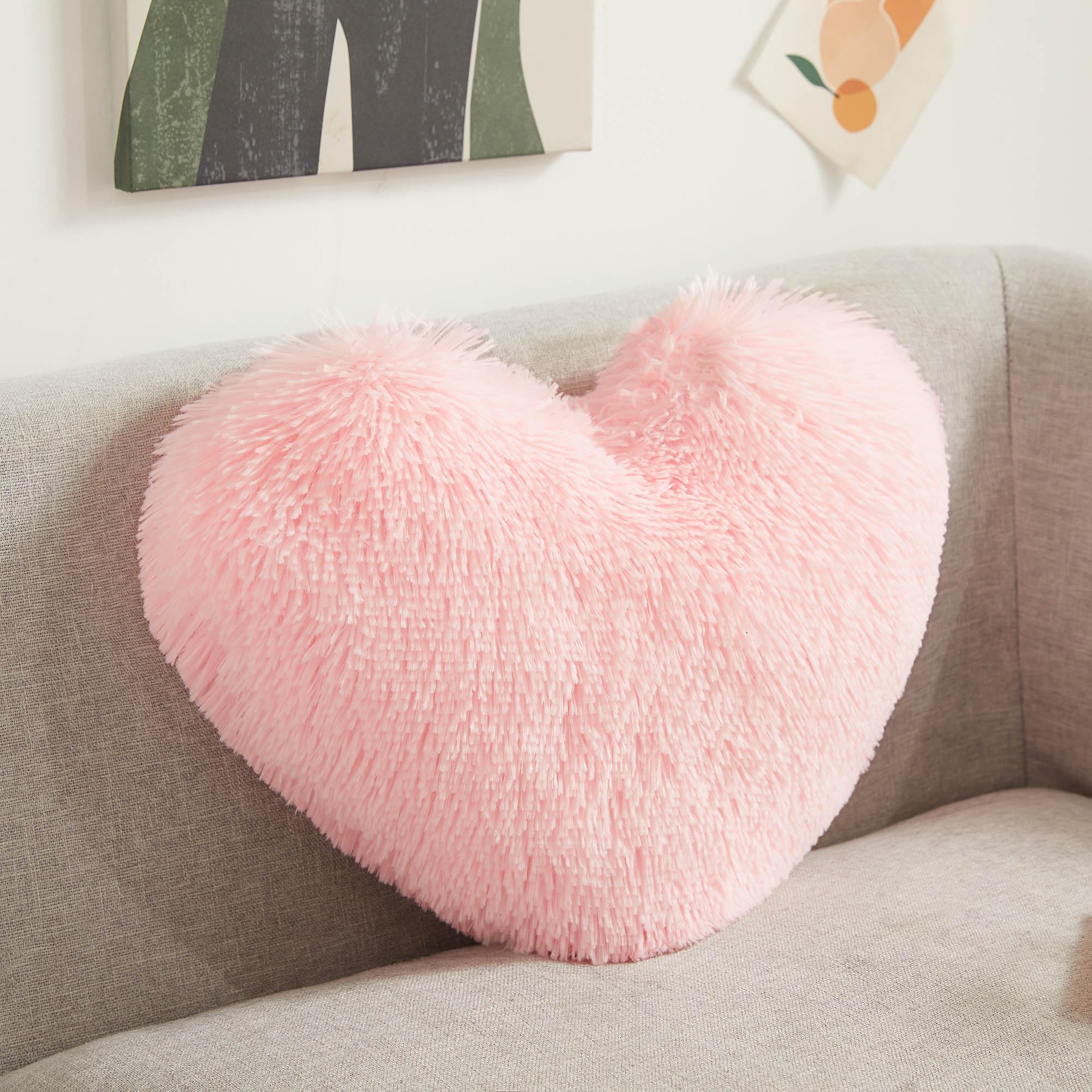 XeGe Cute Double-Sided Faux Fur Heart Pillow, Plush Shaggy Decorative Throw Pillow, 15"x17" Cozy Fluffy Heart Shaped Pillow with Insert, Furry Accent Pillow for Girls/Women/Kids/Children Gift, Pink