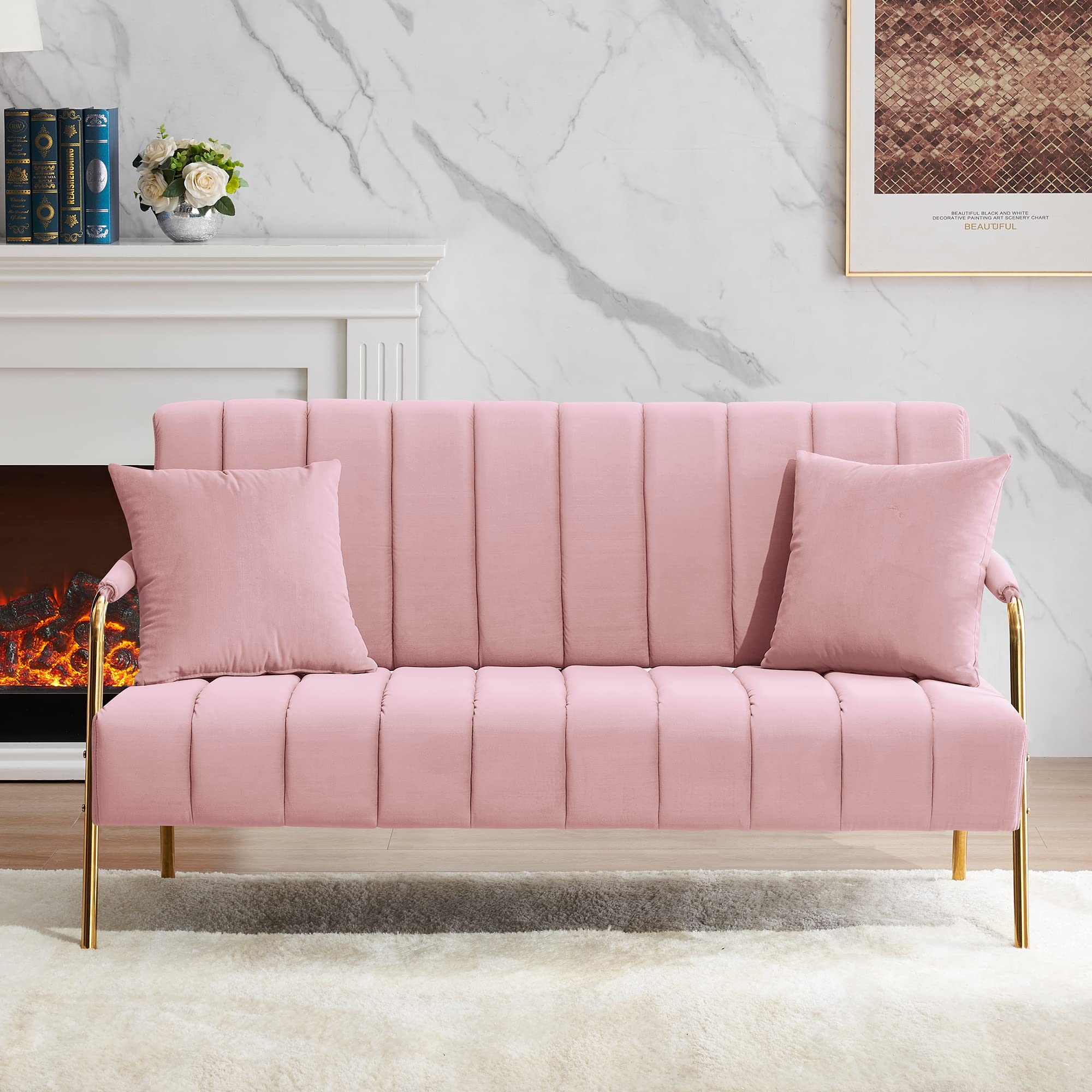 Pvillez Velvet Loveseat Modern Comfy Loveseat Sofa Couch for Living Room Upholstered Love Seats Furniture w/Gold Metal Legs loveseat for Small Spaces, Apartment, Bedroom, Dorm, Office (Pink Loveseat)