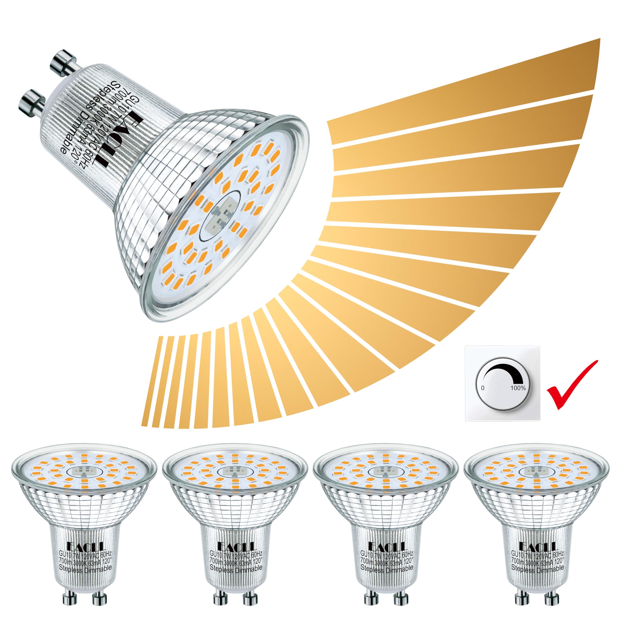 EACLL MR16 GU10 LED Bulb Dimmable, 3000K Warm White, 7W Equivalent 75W, 25,000 Hours Lifetime, Energy Efficient Soft White Light, 750 Lumens 120 Degree Flood Beam No Flicker Spotlight, 4-Pack