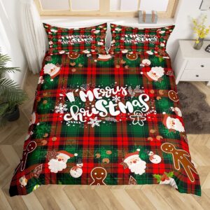 christmas duvet cover queen,cartoon santa claus snowman bedding set for adult,red green grid checkered comforter cover,snowman snowflake bells quilt cover with 2 pillow shams bedroom decor