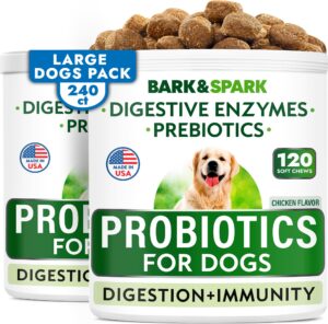 bark&spark dog probiotics & digestive enzymes (gut health) allergy & itchy skin - pet diarrhea gas treatment upset stomach relief, digestion health prebiotic supplement large dog treats (240ct bacon)