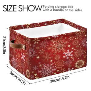 Christmas Snowflakes Home Storage Basket Xmas Winter Red Gold Snowflake Storage Organizer Box Bins Large Collapsible Cube Baskets Boxes with PU Handles for Shelf Closet Nursery Laundry 1 Pack