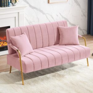 pvillez velvet loveseat modern comfy loveseat sofa couch for living room upholstered love seats furniture w/gold metal legs loveseat for small spaces, apartment, bedroom, dorm, office (pink loveseat)