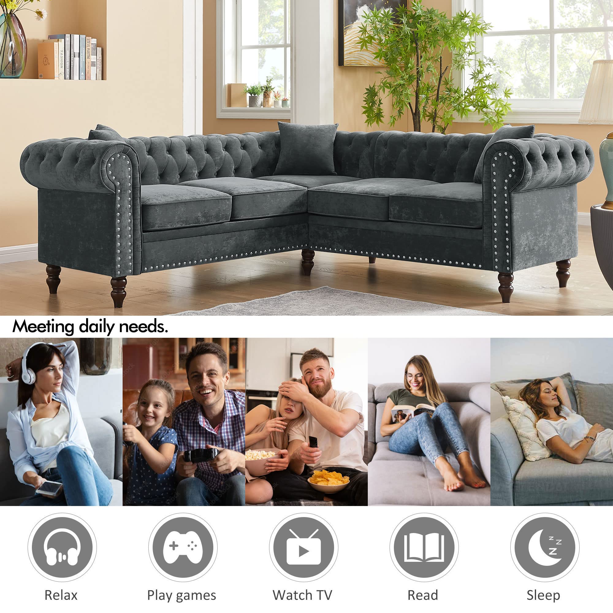 Merax L-Shaped 80" Deep Sofa Couch, Luxury Classic Chesterfield L-Shaped Velvet Sofa, Button Tufted Upholstered Sectional Corner Sofa with 3 Pillows and Solid Wood Gourd Legs