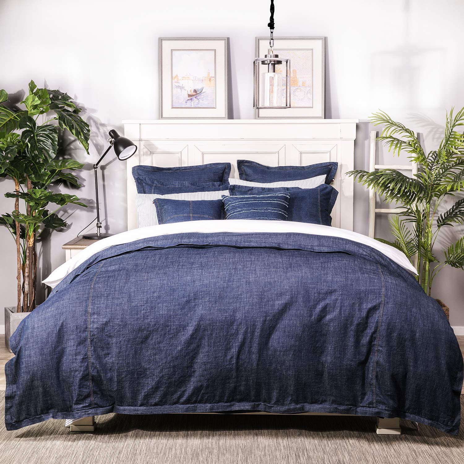 Elegant Life Home Denim Dark Blue Duvet Cover Set 100% Cotton Washed Soft Bedding with Button Closure Corner Ties - California King Size