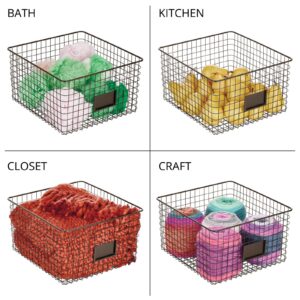 mDesign Wide Metal Farmhouse Storage Organizer Bin Baskets with Label Slot for Closet, Cabinet, Cupboard - Wire Organizing Basket Holds Clothing, Linens, Shoes, Omaha Collection, 4 Pack, Bronze