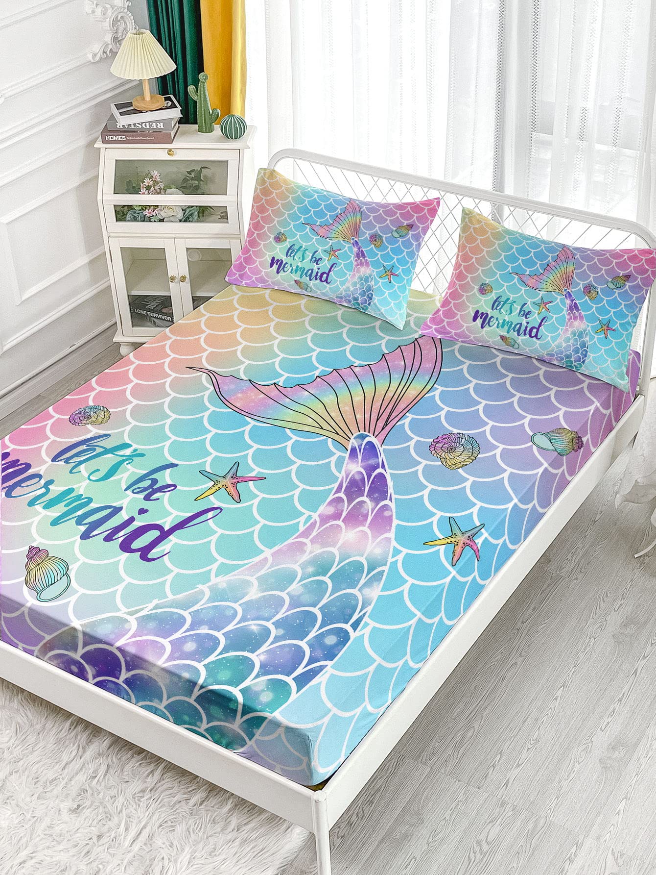 Datura home 4Pcs Kids Fitted Sheet and Flat Set Rainbow Scales Mermaid Printed Pattern Bedding with 1 + 2 Pillowcases for Boys Girls (Rainbow Queen), 91x102 Inches