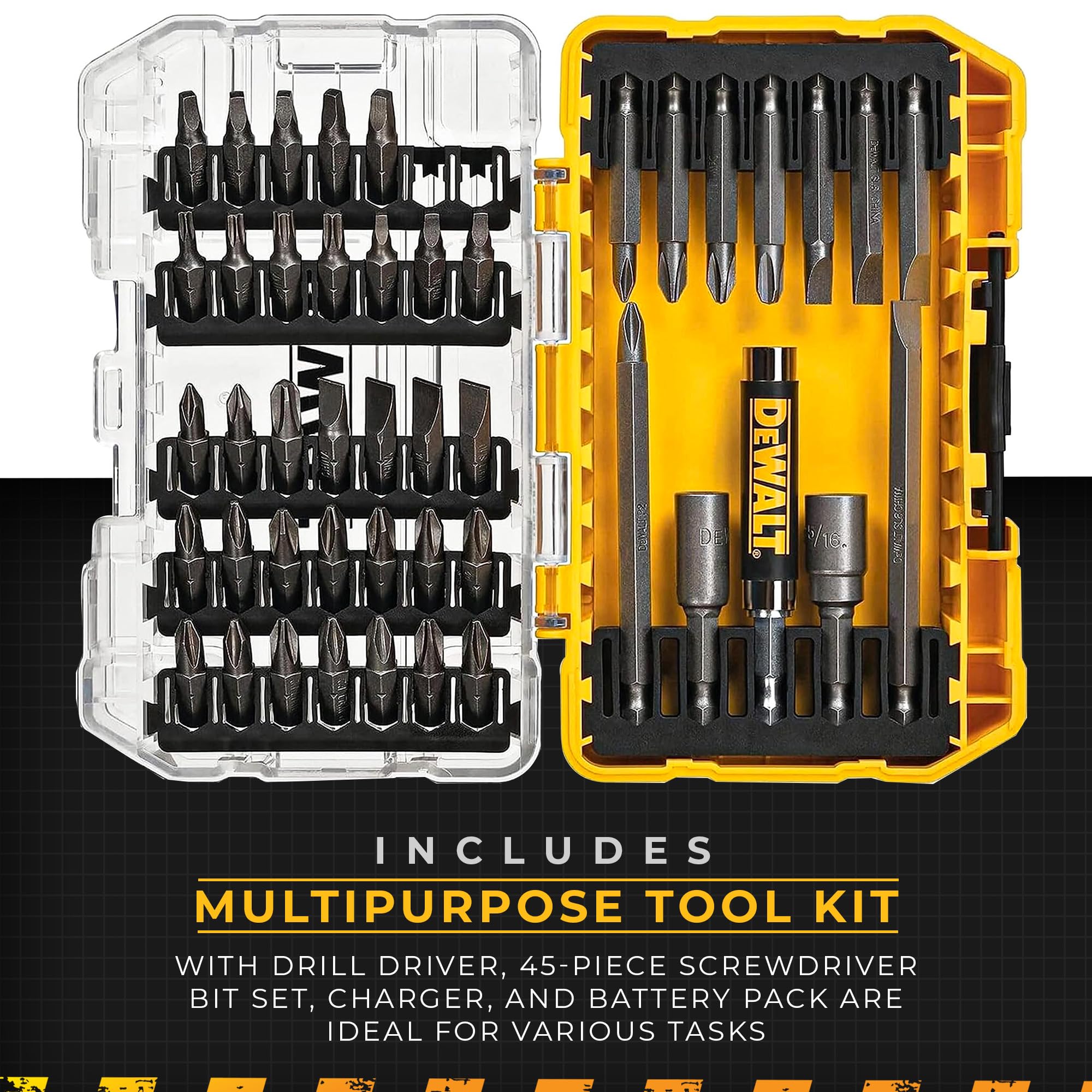 DeWalt 12V MAX 2 Tool Cordless Driver and Drill Hand Tool Set Combo Kit with Drill Bit Set, 45 Piece Screwdriver Set, and Battery Power Pack