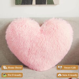 XeGe Cute Double-Sided Faux Fur Heart Pillow, Plush Shaggy Decorative Throw Pillow, 15"x17" Cozy Fluffy Heart Shaped Pillow with Insert, Furry Accent Pillow for Girls/Women/Kids/Children Gift, Pink