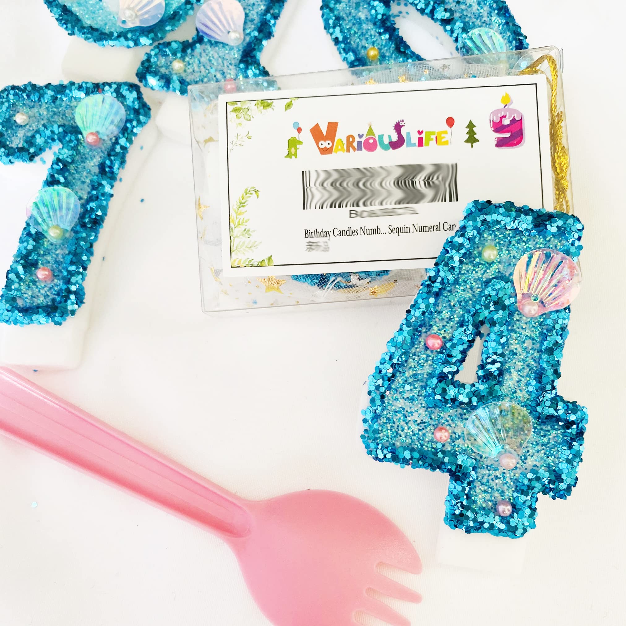 Blue Number Candle,Shell Sequins Number Candles for Birthday Cakes Mermaid Themed Party Supplies Number 4 Candle