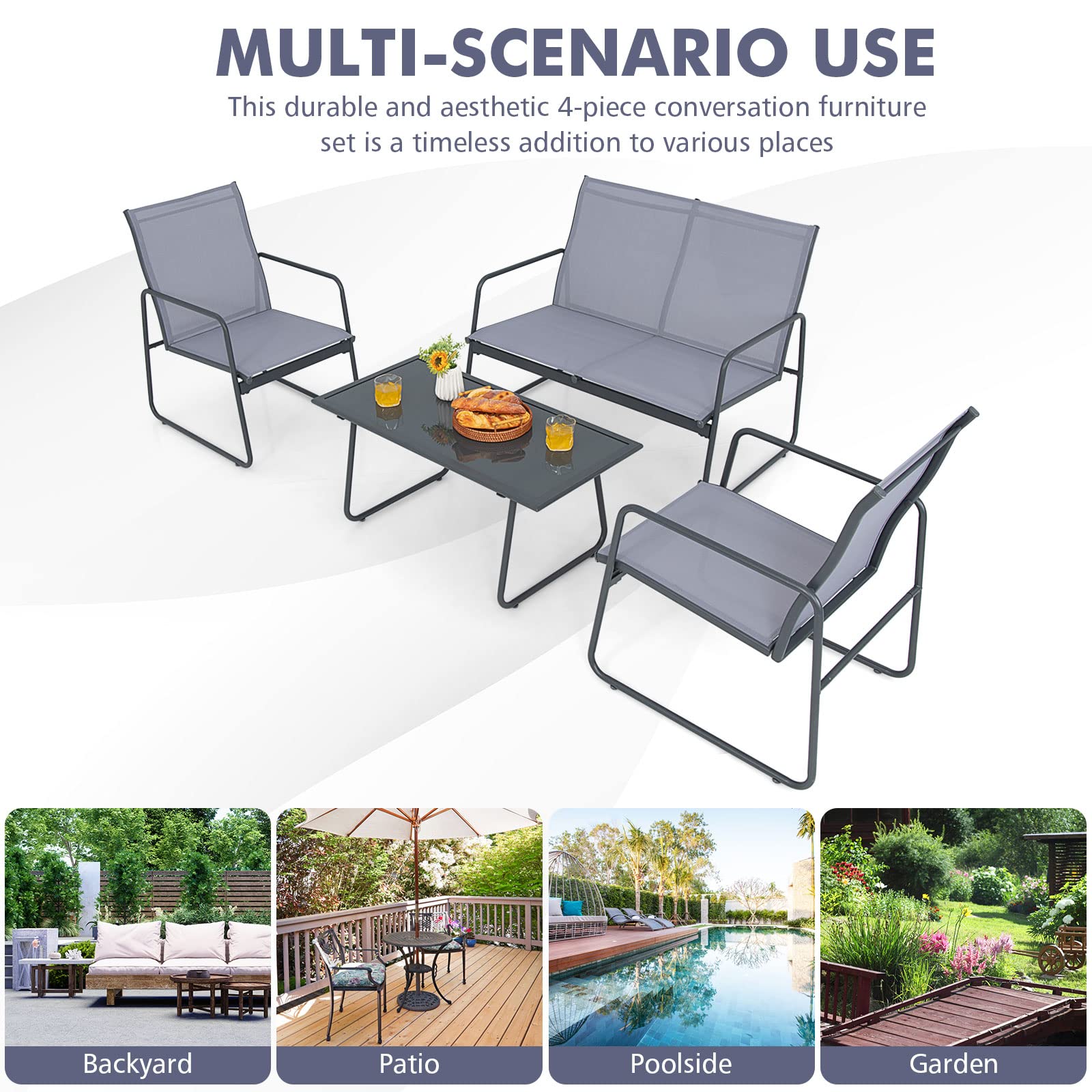 Tangkula 4 Pieces Patio Furniture Set, Outdoor Conversation Set with Tempered Glass Coffee Table, Metal Frame, Breathable Fabric, Indoor & Outdoor Chat Set of 4, for Patio, Poolside, Garden (Gray)