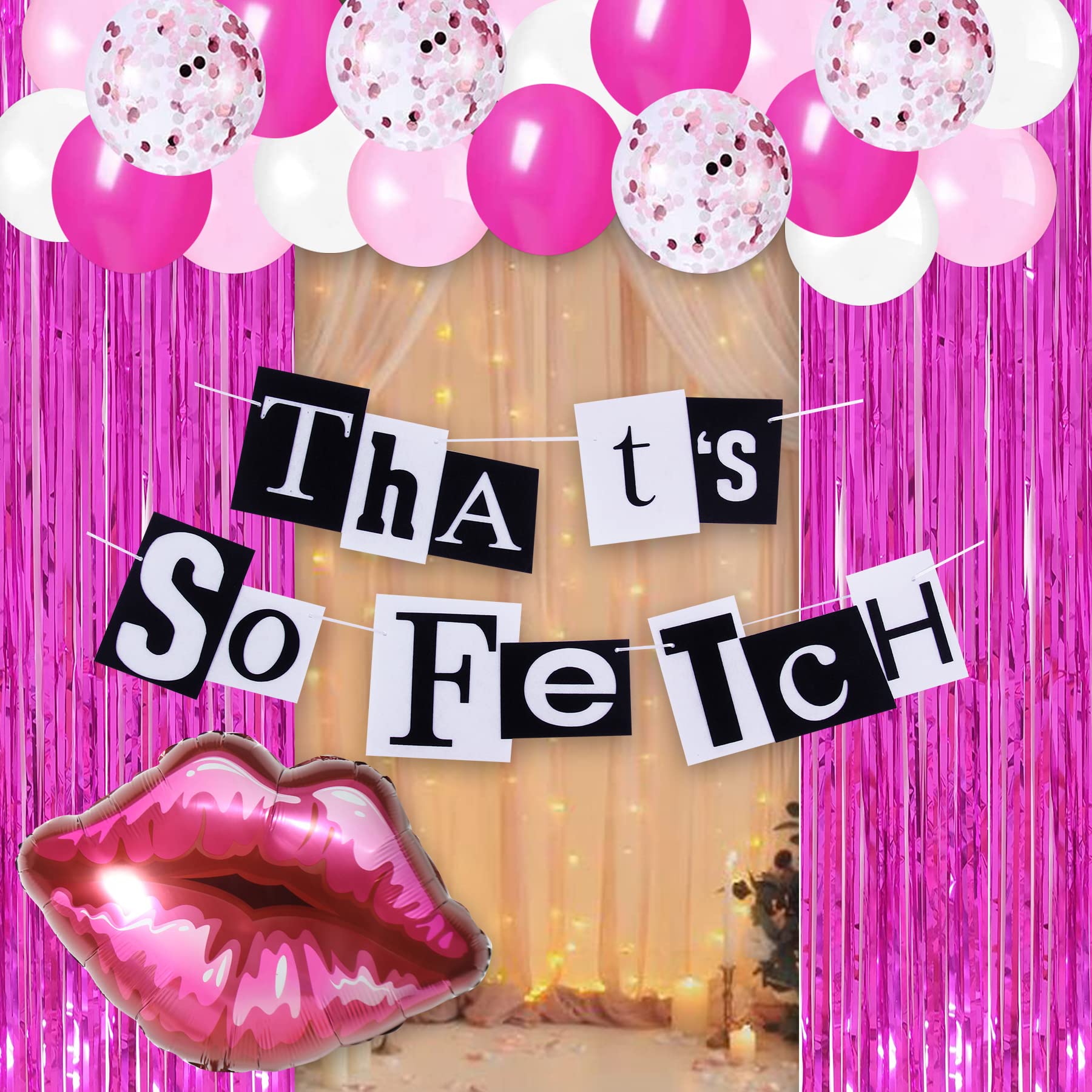 HOMEZZO Mean Girls Party Decorations - That's So Fetch Felt Banner, Hot Pink Tinsel Curtain, Lip Balloon for Y2K Hot Pink Bridal Shower Wedding Girls Birthday Bachelorette Party Supplies