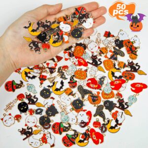 HTZNHXT 50 Pcs Halloween Charms, Halloween Alloy Charm Enamel, Pumpkin, Witch Hat, Ghost, Spider, Bat Pendants, Assorted Pendant Charms for Bracelet, Earring, Jewelry Making