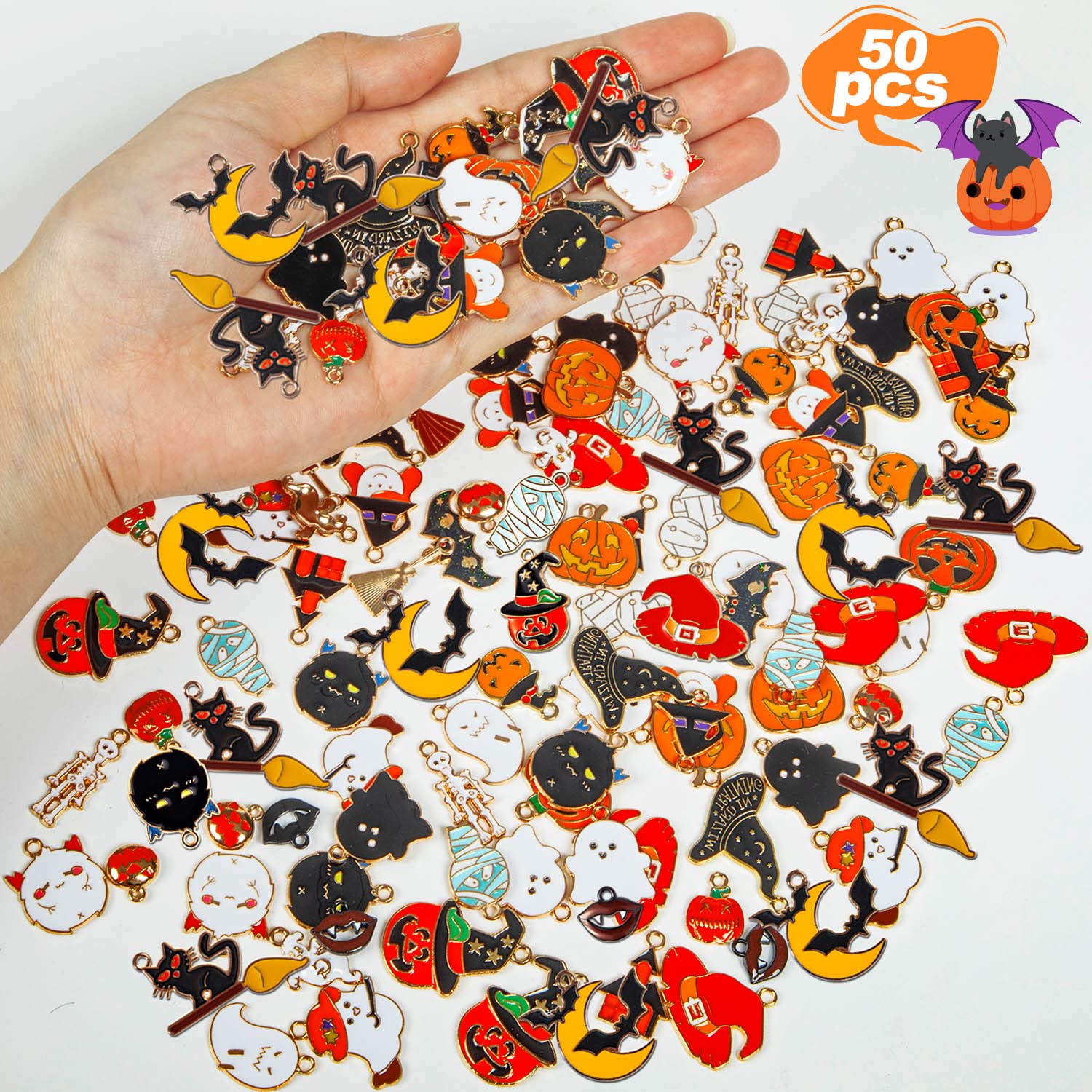 HTZNHXT 50 Pcs Halloween Charms, Halloween Alloy Charm Enamel, Pumpkin, Witch Hat, Ghost, Spider, Bat Pendants, Assorted Pendant Charms for Bracelet, Earring, Jewelry Making