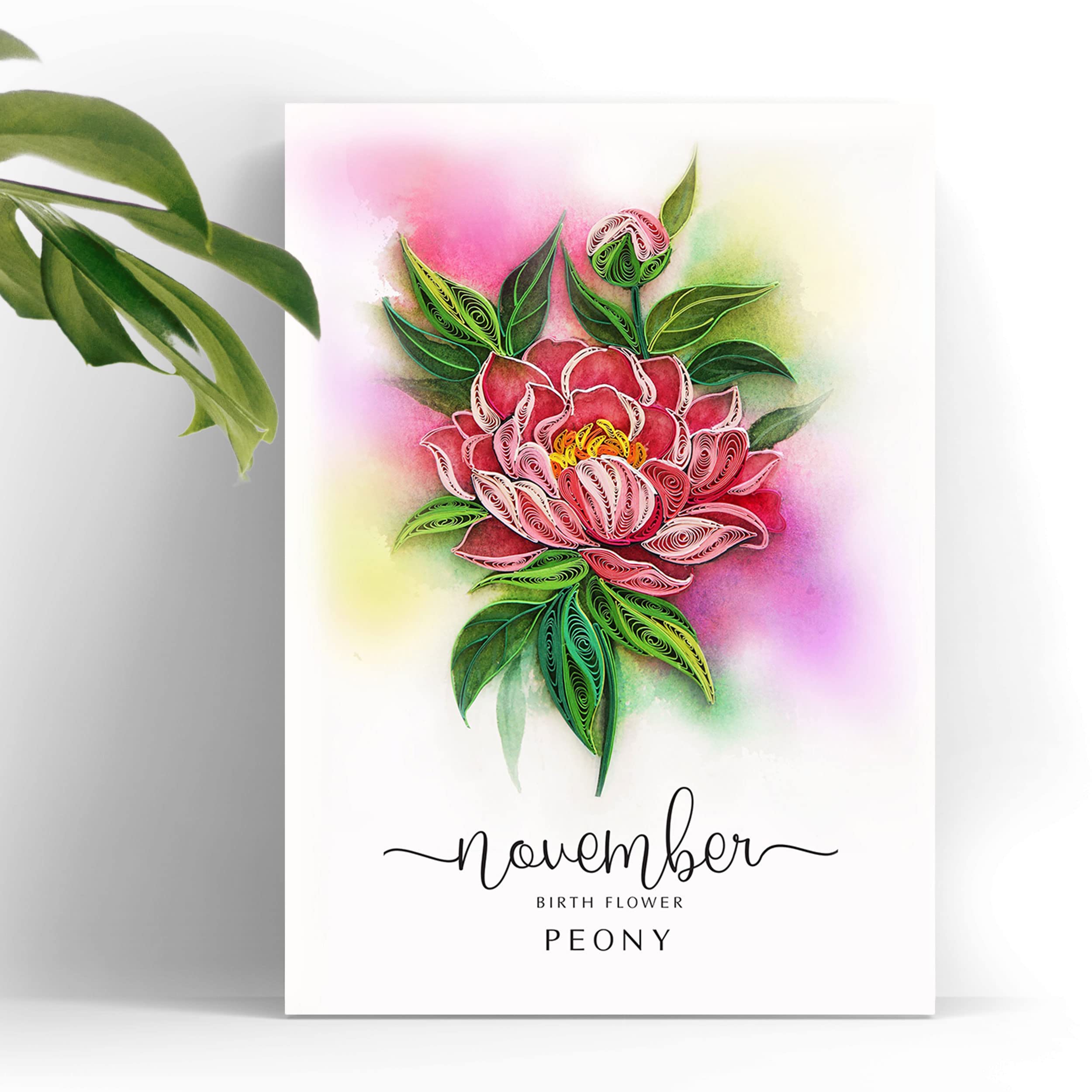 TUMYBee Flower Birthday Card, Peony Quilling Card, 5inx7in Card for Women Born in November, Birth Month Flower Card, 12 Month Birthday Decoration for Mother, Grandmother, for Him and Her (November)