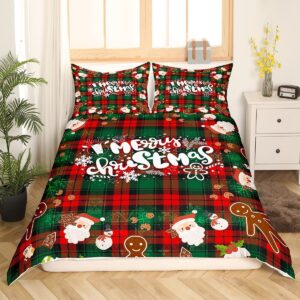 Christmas Duvet Cover Queen,Cartoon Santa Claus Snowman Bedding Set for Adult,Red Green Grid Checkered Comforter Cover,Snowman Snowflake Bells Quilt Cover with 2 Pillow Shams Bedroom Decor