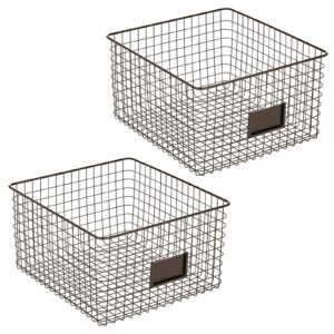 mDesign Wide Metal Farmhouse Storage Organizer Bin Baskets with Label Slot for Closet, Cabinet, Cupboard - Wire Organizing Basket Holds Clothing, Linens, Shoes, Omaha Collection, 2 Pack, Bronze