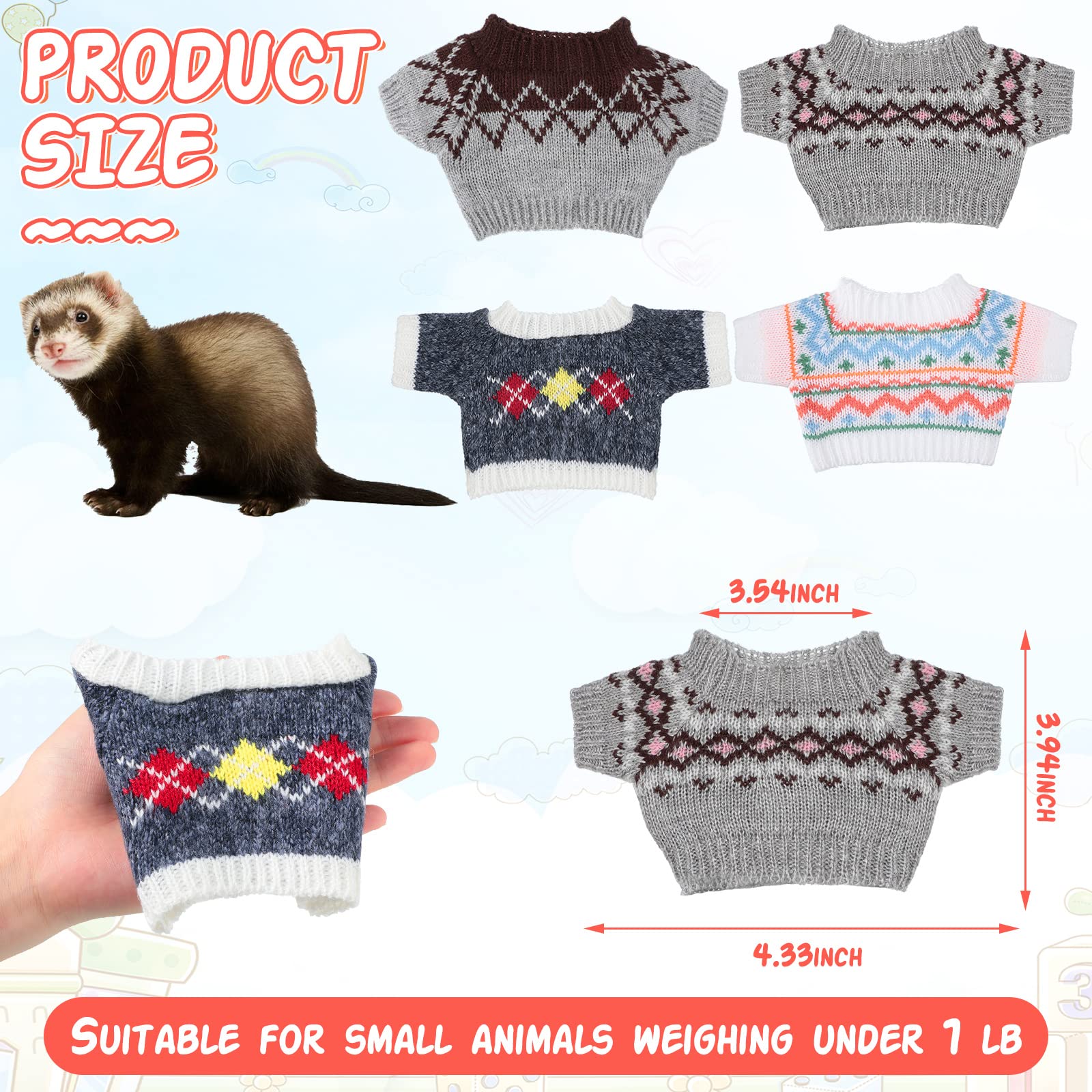 Mixweer 4 Pcs Ferret Clothes Hamster Sweater Guinea Pig Clothes Bunny Costume Knitted Sweatshirt for Warm Winter Christmas Vest Clothing Ferret Accessories Kit Small Animal Outfit (Rhombus Style)