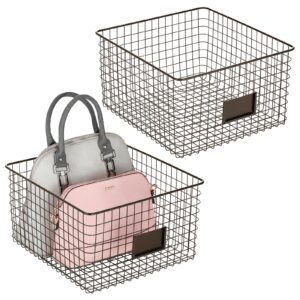 mdesign wide metal farmhouse storage organizer bin baskets with label slot for closet, cabinet, cupboard - wire organizing basket holds clothing, linens, shoes, omaha collection, 2 pack, bronze