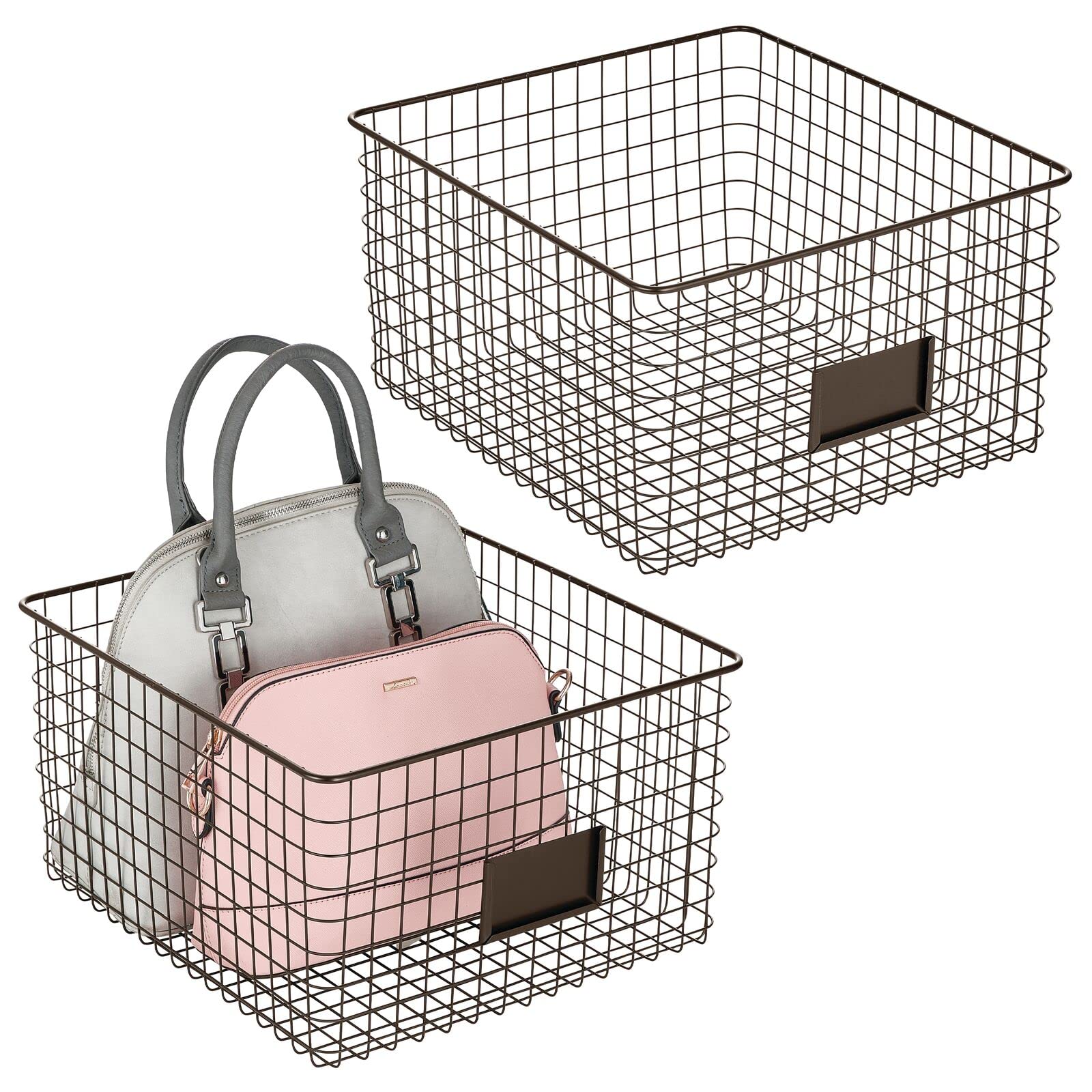 mDesign Wide Metal Farmhouse Storage Organizer Bin Baskets with Label Slot for Closet, Cabinet, Cupboard - Wire Organizing Basket Holds Clothing, Linens, Shoes, Omaha Collection, 2 Pack, Bronze