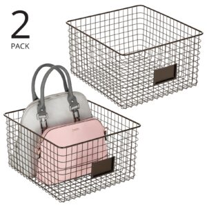 mDesign Wide Metal Farmhouse Storage Organizer Bin Baskets with Label Slot for Closet, Cabinet, Cupboard - Wire Organizing Basket Holds Clothing, Linens, Shoes, Omaha Collection, 2 Pack, Bronze