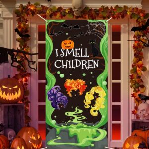 halloween door decorations halloween witch door cover i smell children wall decoration sign front door or indoor home decor for witch sisters night party supplies