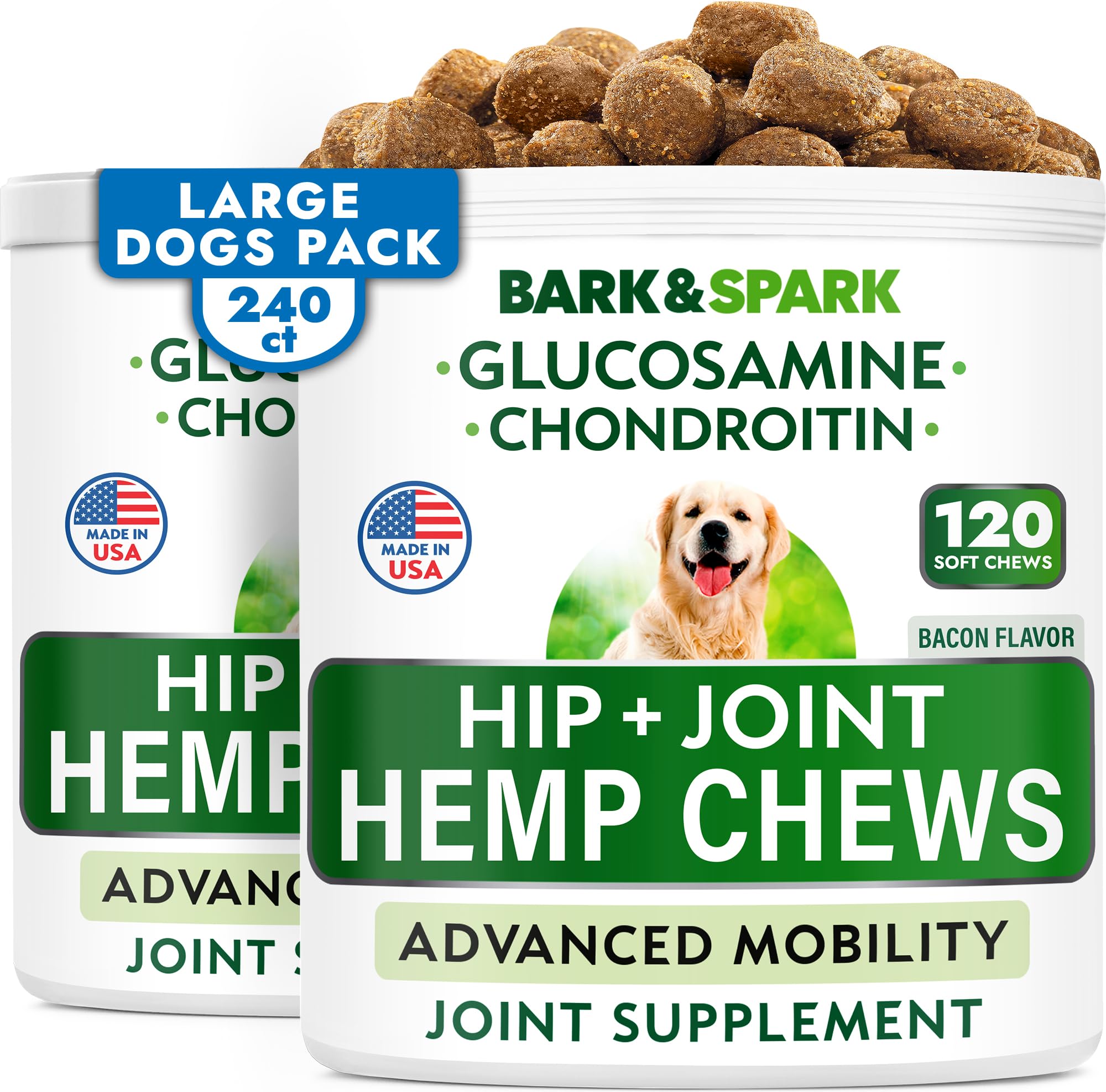 Hemp Chews Dogs Hip Joint Pain Relief - Glucosamine Chondroitin Hemp Treats for Joint Health - Dog Joint Supplement Large Breed & Small - Hemp Oil Pill - Canine Vitamin Treat Old Dog (240Ct/Bacon)