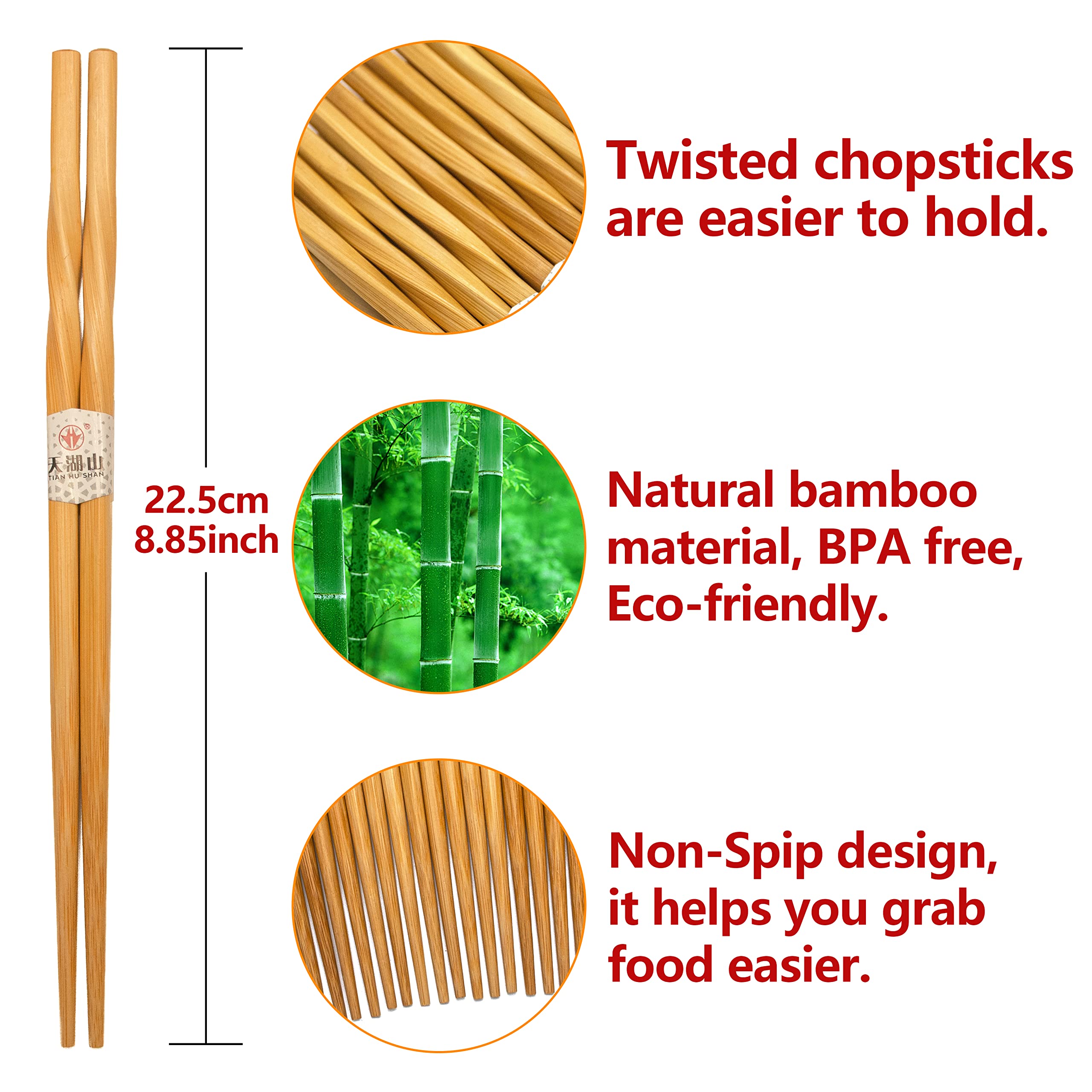 10 Pairs Bamboo Chopsticks Reusable, Twisted chopsticks Natural Wooden Chopsticks, 9.06 Inch/23cm Dishwasher Safe Lightweight by LANHUTHS