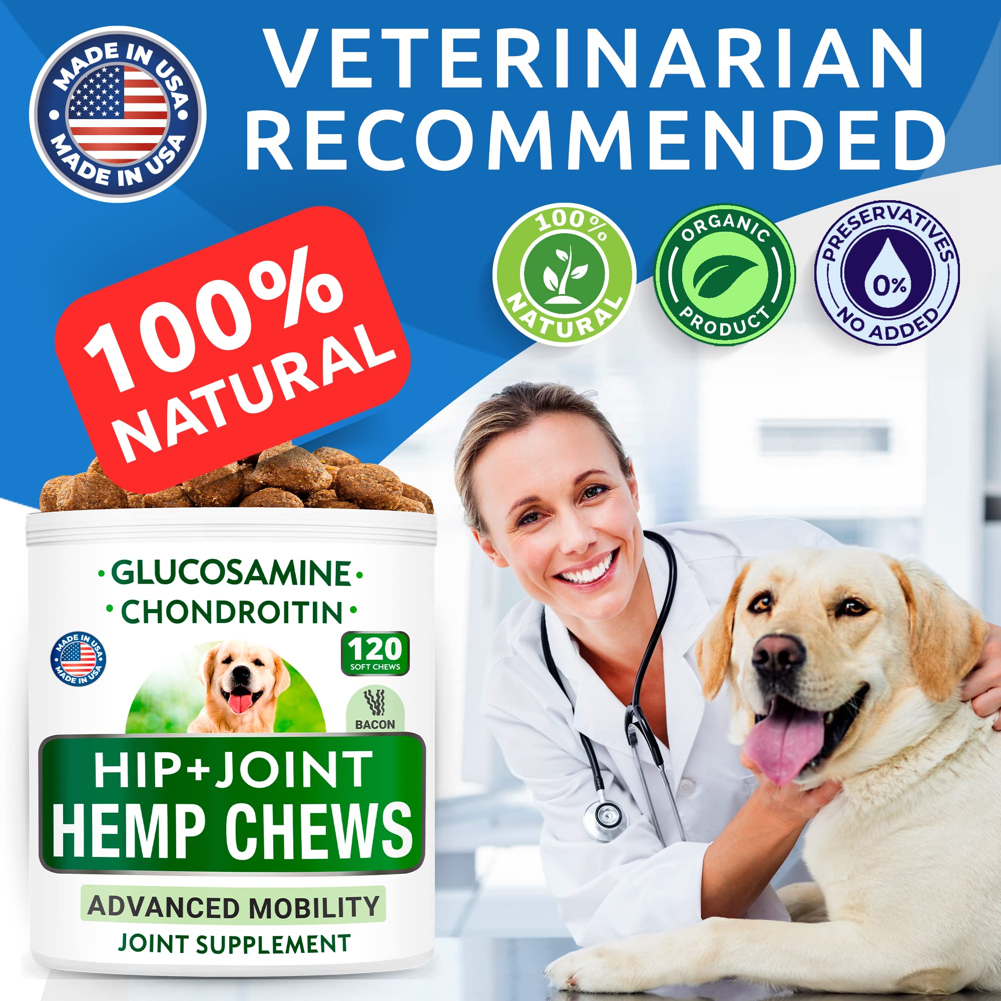 Hemp Chews Dogs Hip Joint Pain Relief - Glucosamine Chondroitin Hemp Treats for Joint Health - Dog Joint Supplement Large Breed & Small - Hemp Oil Pill - Canine Vitamin Treat Old Dog (240Ct/Bacon)