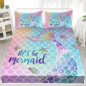 Datura home 4Pcs Kids Fitted Sheet and Flat Set Rainbow Scales Mermaid Printed Pattern Bedding with 1 + 2 Pillowcases for Boys Girls (Rainbow Twin), 67x97 Inches