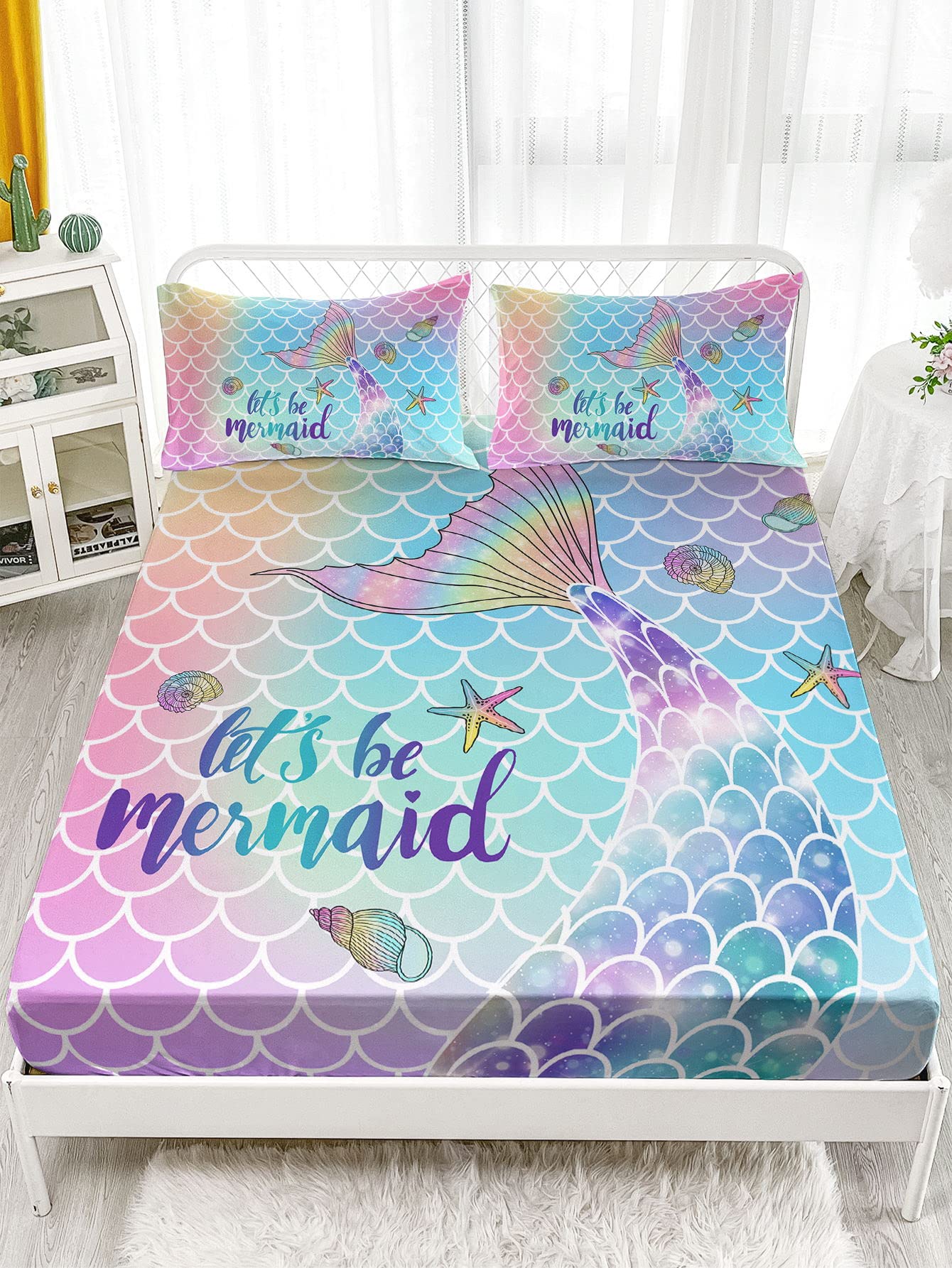 Datura home 4Pcs Kids Fitted Sheet and Flat Set Rainbow Scales Mermaid Printed Pattern Bedding with 1 + 2 Pillowcases for Boys Girls (Rainbow Queen), 91x102 Inches