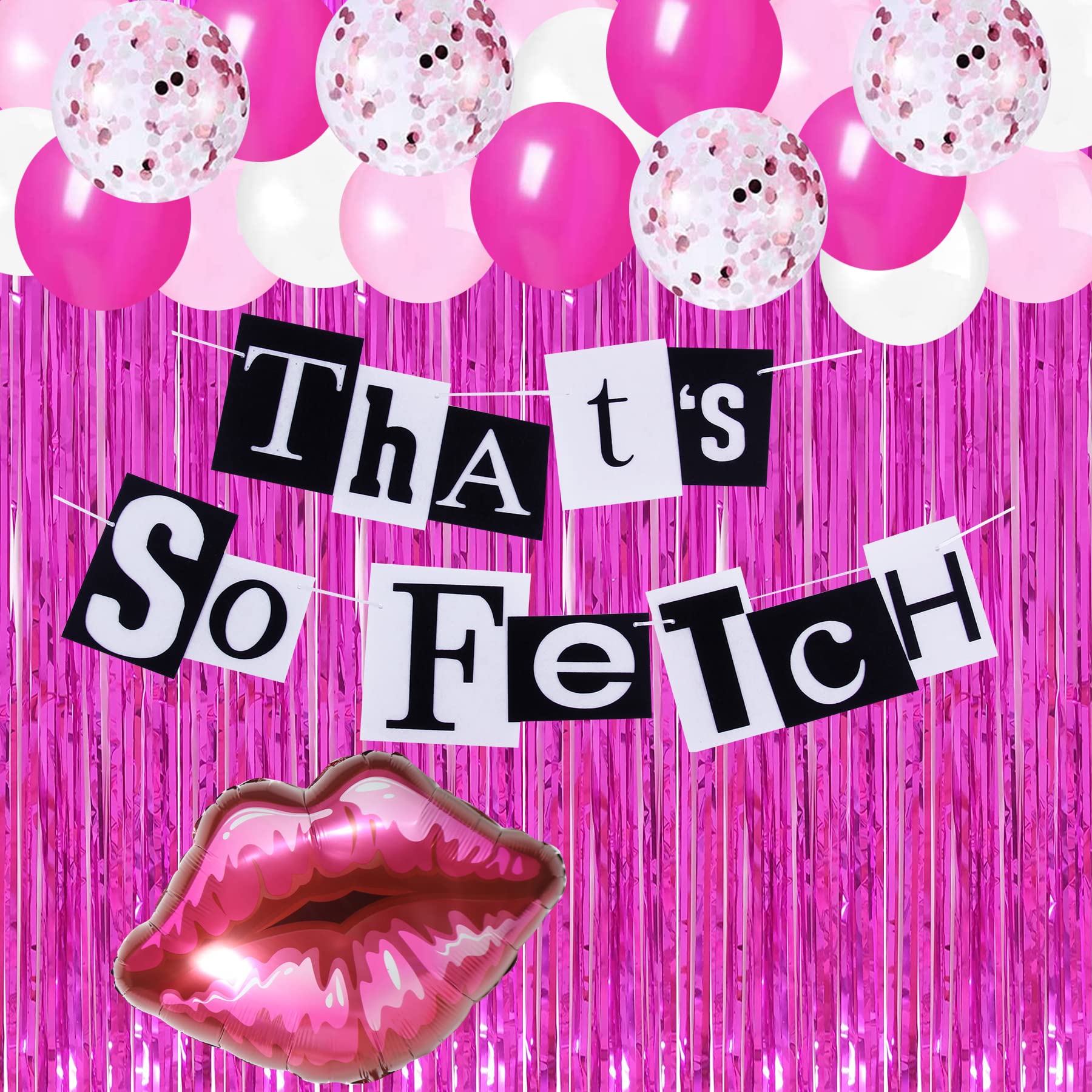 HOMEZZO Mean Girls Party Decorations - That's So Fetch Felt Banner, Hot Pink Tinsel Curtain, Lip Balloon for Y2K Hot Pink Bridal Shower Wedding Girls Birthday Bachelorette Party Supplies