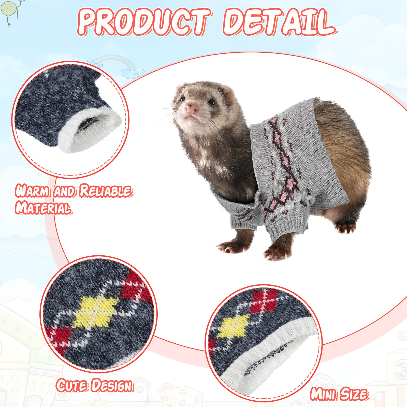 Mixweer 4 Pcs Ferret Clothes Hamster Sweater Guinea Pig Clothes Bunny Costume Knitted Sweatshirt for Warm Winter Christmas Vest Clothing Ferret Accessories Kit Small Animal Outfit (Rhombus Style)