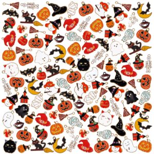 htznhxt 50 pcs halloween charms, halloween alloy charm enamel, pumpkin, witch hat, ghost, spider, bat pendants, assorted pendant charms for bracelet, earring, jewelry making