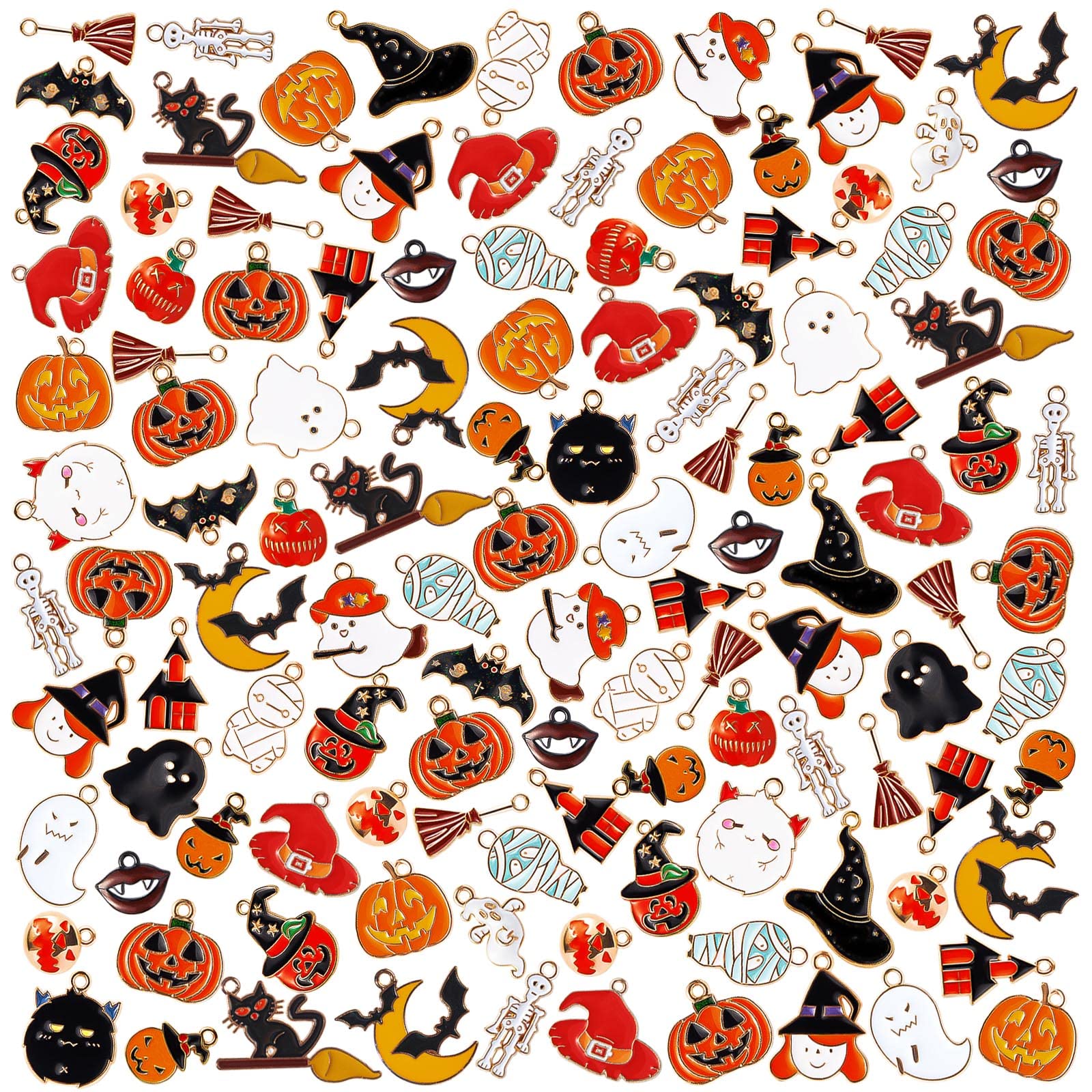 HTZNHXT 50 Pcs Halloween Charms, Halloween Alloy Charm Enamel, Pumpkin, Witch Hat, Ghost, Spider, Bat Pendants, Assorted Pendant Charms for Bracelet, Earring, Jewelry Making