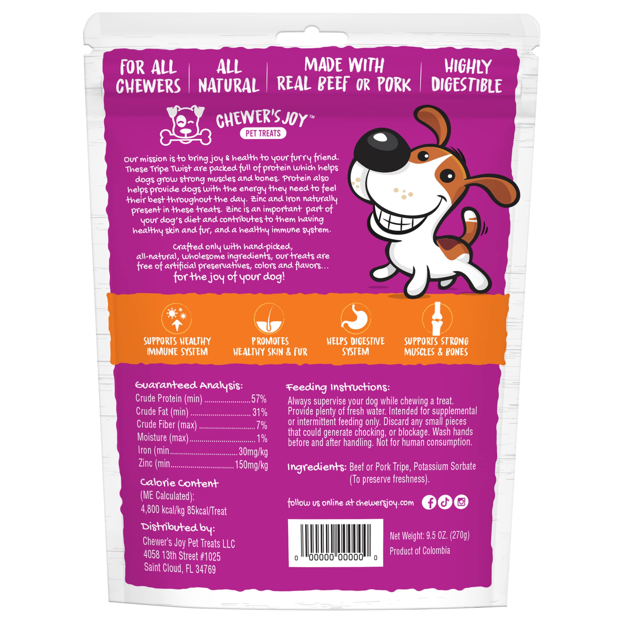 Chewer's Joy Tripe Twist 15pk 6-7in, Premium Quality, High in Protein for Strong Muscles and Bones, Minerals Like Iron & Zinc Naturally Present to Help Boost Immune System. Long Lasting chew