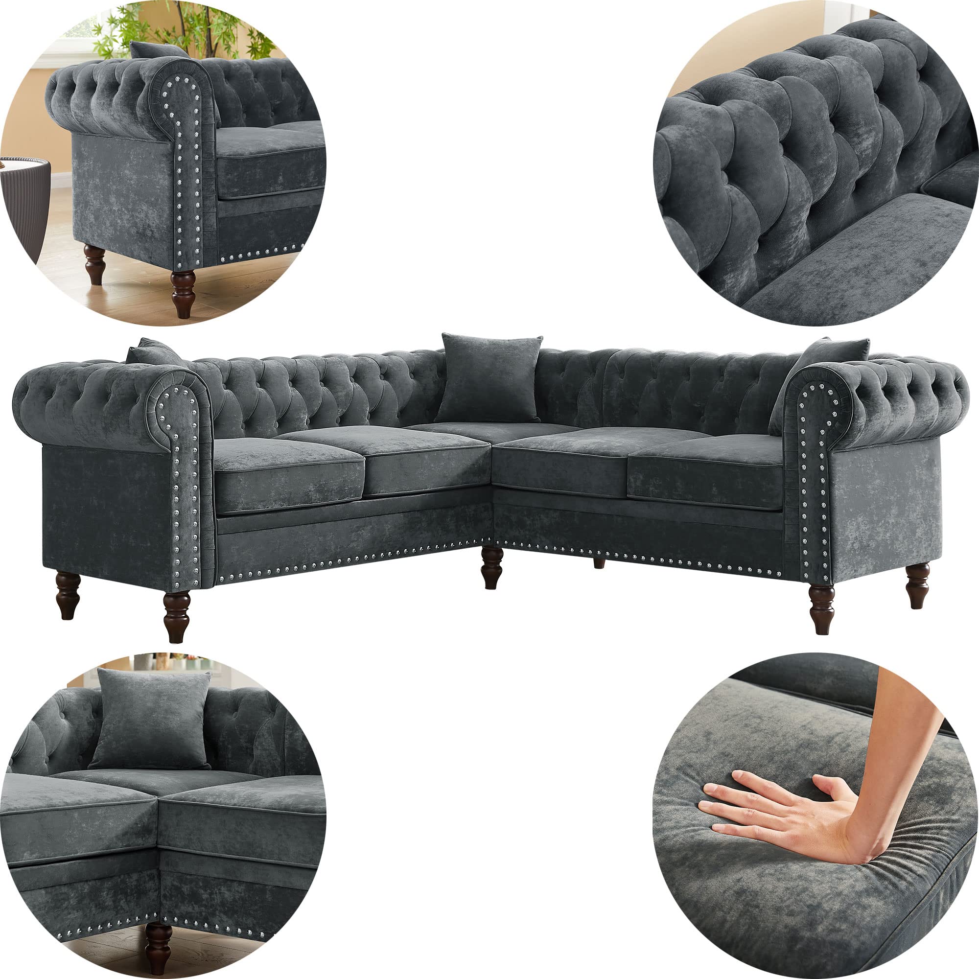 Merax L-Shaped 80" Deep Sofa Couch, Luxury Classic Chesterfield L-Shaped Velvet Sofa, Button Tufted Upholstered Sectional Corner Sofa with 3 Pillows and Solid Wood Gourd Legs