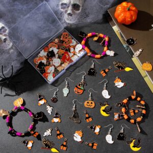 HTZNHXT 50 Pcs Halloween Charms, Halloween Alloy Charm Enamel, Pumpkin, Witch Hat, Ghost, Spider, Bat Pendants, Assorted Pendant Charms for Bracelet, Earring, Jewelry Making