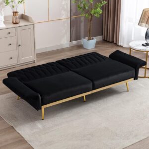 TTGIEET Velvet Convertible Futon Sofa Bed with Golden Metal Legs, 70" Tufted Loveseat Couch Sleeper Futon Sofa with Adjustable Armrests for Home Living Room Bedroom (Black)